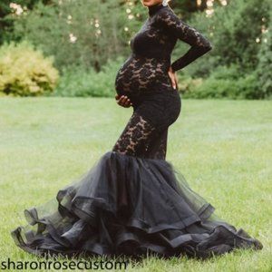 SharonRose Couture Black Lace Long Maternity Photoshoot/Babyshower Dress (Used)